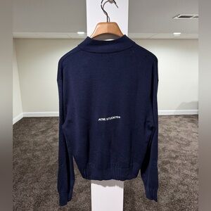 Acne Studios Navy Logo Embroidered Wool Blend Zip Cardigan